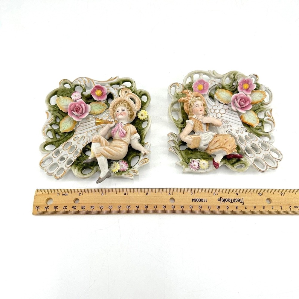 Vintage Victorian Cottagecore Shabby Chic Porcelain Floral Wall Decor Pair - Picture 6 of 8